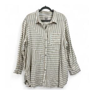 Chico's Button Down Striped Tunic 4 (20 / 22) Tan White Pockets Neutral Relaxed